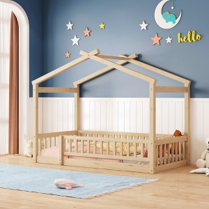 Twin Size Wooden House Bed with Fence for Kids, Teens - 1 of 4
