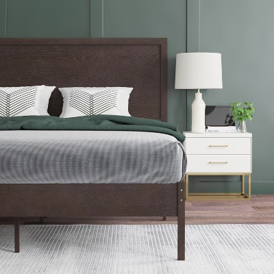 Queen Size Dark Brown Wood Platform Bed with Headboard and Slats