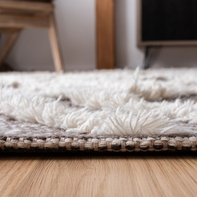 Hand-Knotted Brown and Ivory Wool Geometric Runner Rug