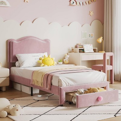 Upholstered Kids Bed Frame with Safe Headboard, Noise-Free Storage Drawer & Strong Wood Slats, Easy Assembly Platform Bed,Pink