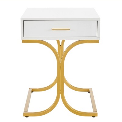 17.75" Rectangular Modern Glam Side Table with Drawer White/Gold - Danya B.: Brass Handle, MDF, Metal Frame