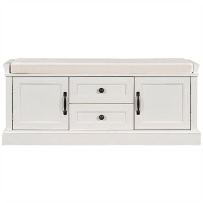 OUTSUPPLY Entryway Storage Bench with 2 Drawers and 2 Cabinets, Removable Velvet Cushion for Hallway, Living Room, Mudroom