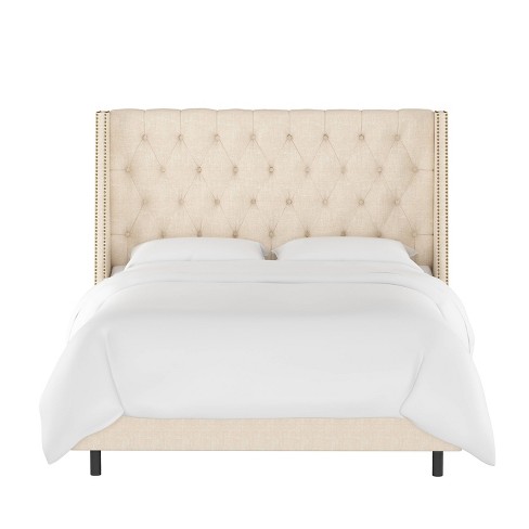 California King Diamond Tufted Wingback Bed Cream Linen With Brass Nail Buttons Skyline Furniture Target