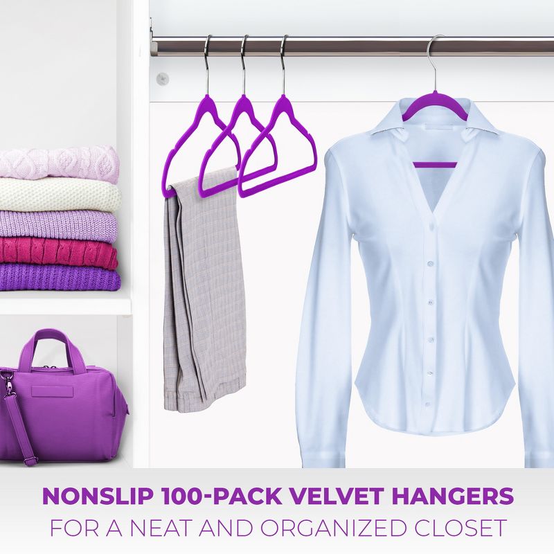 OSTO 100 Pack Premium Velvet Hangers, Non-Slip Adult Hangers with Pants Bar and Notches, Thin Space Saving 360-Degree Swivel Hook, 2 of 5