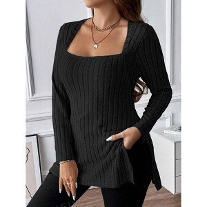 Plus Size Tops for Women Loose Fit Long Sleeve Shirts Square Neck Tops - 1 of 4