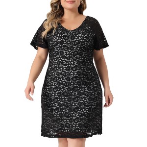 Agnes Orinda Women's Plus Size Elegant Floral Lace Bateau V Neck Short Sleeves Bodycon Dresses - 1 of 4