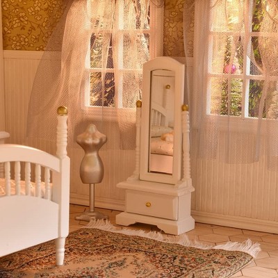 Etokfoks 1/12 Scale Victorian Dollhouse Bedroom Furniture Set White Gold 7 Piece Colonial Brewster Style Bed Mirror Chair Rug — фото 4