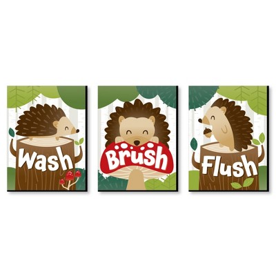 Big Dot of Happiness Forest Hedgehogs - Woodland Kids Bathroom Rules Wall Art - 7.5 x 10 inches - Set of 3 Signs - Wash, Brush, Flush