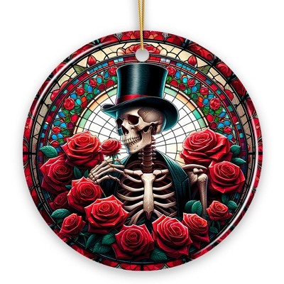 Elegant Bones Top-Hat Skeleton with Roses Stained Glass Style Ceramic Ornament, Halloween Themed Christmas Gift and Decor| OrnamentallyYou