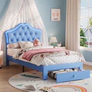 Twin Size Upholstered Bed Frame with LED Headboard Lights & Storage Drawer, Noise Free, Platform Bed for Kids and Teens - 1 of 4
