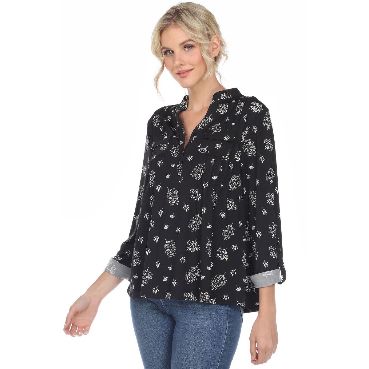 Women's Pleated Long Sleeve Leaf Print Blouse - White Mark - thumbnail 2