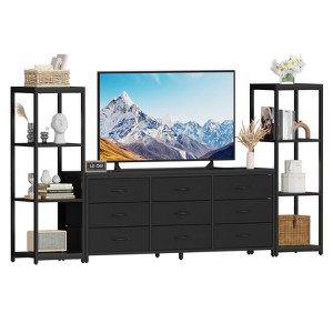 89 Inch TV Stand with 9 Fabric Drawers, Entertainment Center with 2 Industrial 4 Tier Bookcase, TV Media Console Table for Living Room, Bedroom - 1 of 4