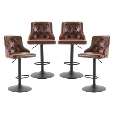 Adjustable Brown Faux Leather Swivel Bar Stools with Nailhead Trim, Set of 2