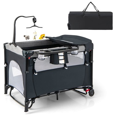 Image of Costway Baby Foldable 5 in 1 Nursery Center Toddler Bedside Crib W/ Music Box Black