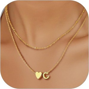 Layered Heart Initial Necklace for Women, Stainless Steel/18K Gold Dainty Letter Charm Gold-Plated-L C - 1 of 4