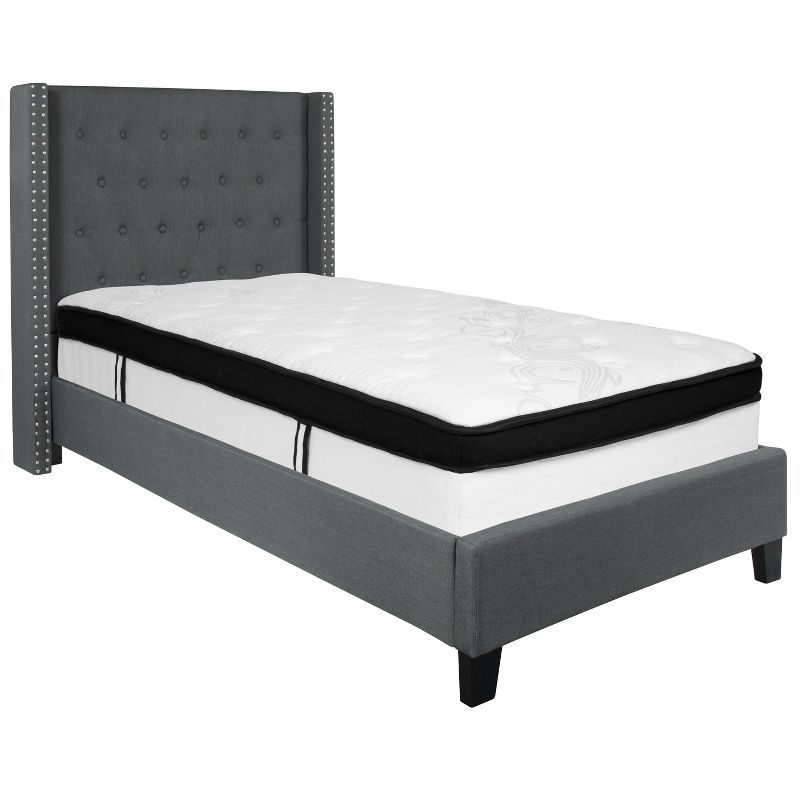 Flash Furniture Riverdale Twin Size Tufted Upholstered Platform Bed in Dark Gray Fabric with Memory Foam Mattress, 1 of 5