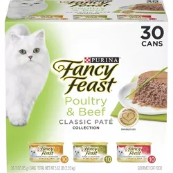Purina Fancy Feast Classic Paté Gourmet Wet Cat Food Poultry Chicken, Turkey & Beef Collection - 3oz/30ct Variety Pack