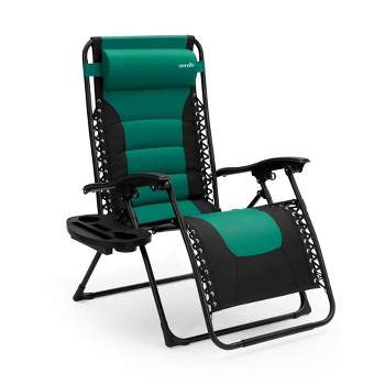 SereneLife XL Foldable Zero Gravity Chair with Steel Mesh Recliners, Pillows, Cup Holder Tables - Green/Black, SL1ZGRCP36 - Set of 2