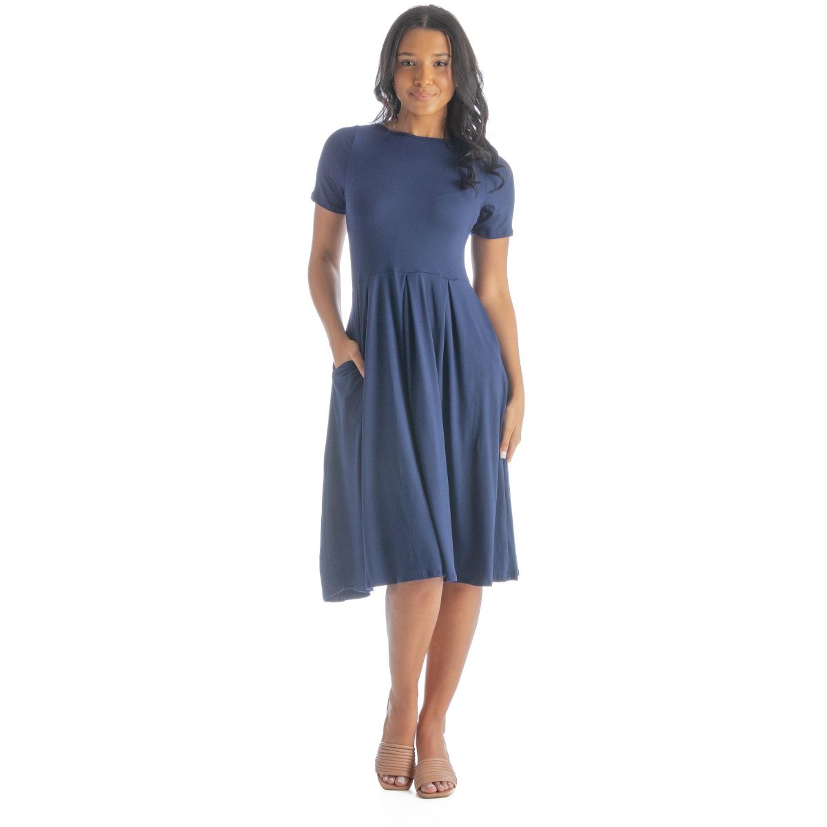 Womens Short Sleeve Boat Neck Pleated Flared Pocket Midi Dress - 24seven Comfort Apparel™ - thumbnail 6