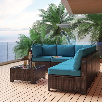 Patio Furniture Set, 7-Piece Outdoor Couches for Patio, Wicker Sectional Sofa with Coffee Table and Cushions for Outside, Garden, Balcony, Porch