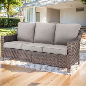Buenhomino 74" Wide Outdoor Wicker Patio Sofa with Cushions, All Weather Brown Wicker Furniture Sofa 3 Seater Couch for Porch, Deck, Balcony - 1 of 4
