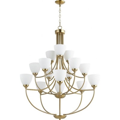 Aged Brass and Satin Opal Glass 15-Light Chandelier
