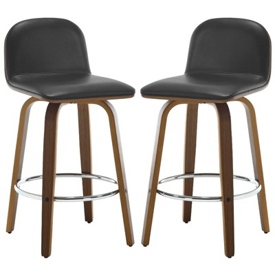 Bekrvio 26" Swivel Counter Height Bar Stools Set of 2 – Mid-Century Modern Upholstered PU Leather & Walnut Bentwood Legs, for Kitchen Island (Black)