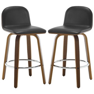 Bekrvio 26" Swivel Counter Height Bar Stools Set of 2 – Mid-Century Modern Upholstered PU Leather & Walnut Bentwood Legs, for Kitchen Island (Black) - 1 of 4