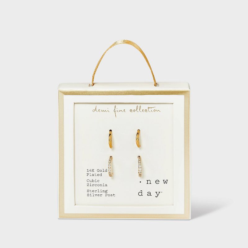 14K Gold Plated Polished Cubic Zirconia Hoop Duo Earring Set 2pc - A New Day&#8482; Gold, 4 of 5