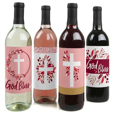 Big Dot of Happiness Pink Elegant Cross - Girl Religious Party Decorations for Women and Men - Wine Bottle Label Stickers - Set of 4