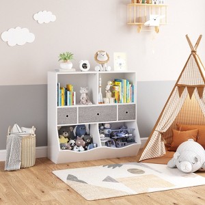 Acekool Kids Bookshelf and Toy Organizer, Floor Storage Cabinet with 3 Drawers and 4 Cubbies, White Bookcase for Nursery or Playroom - 1 of 4