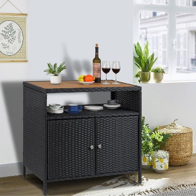 Rattan Storage Cabinet, Outdoor Cabinet for Patio Outdoor Bar Cart with Adjustable Shelves, Patio Storage Box Organizer for Poolside, Patio, Backyard