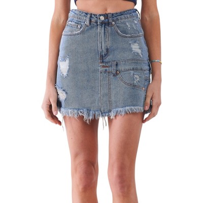 Slickblue High-Waist Denim Mini Skirt, Distressed Look, Asymmetrical Raw Hem, Medium Blue Wash, Size S-L