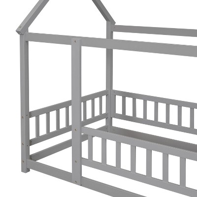 DOMETOUR Twin Size Floor Wooden Bed with House Roof Frame, Fence Guardrails,Grey(Old SKU:W50471471)
