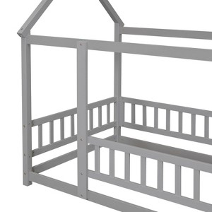 DOMETOUR Twin Size Floor Wooden Bed with House Roof Frame, Fence Guardrails,Grey(Old SKU:W50471471) - 1 of 4