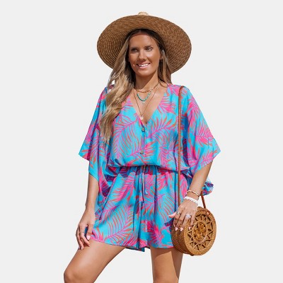 Women's Vibrant Palm Print Beach Romper - Cupshe