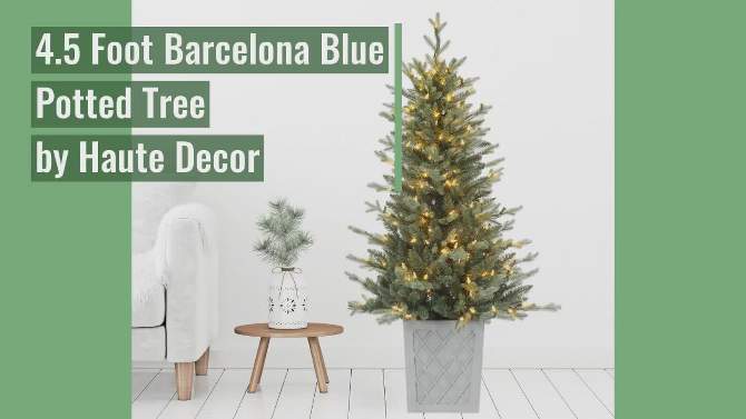 Haute D&#233;cor 4.5&#39; Pre-Lit LED Potted Barcelona Blue Artificial Christmas Tree White Lights, 2 of 5, play video