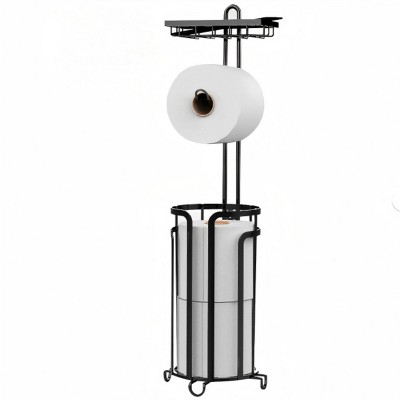 SEVOBAL Tissue Paper Roll Stand Shelf Bathroom Toilet Paper Storage Holder Floor Standing Toilet Paper Dispenser, Black, 7.02"*7.02"*15.6"