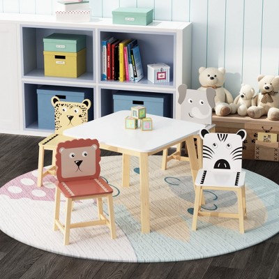 GlasFlength Accent Table Sets, Toddler Activity Play Dining Study Desk with Chairs, for Reading, Drawing, Playing, WHite,23.6"*23.6"*19.7"
