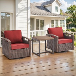 POCASSY Swivel Patio Chairs Swivel Rocker Set of 2 with Side Table, Small Patio Furniture Set Brown Wicker Outdoor Bistro Set with Swivel Glider Chair - 1 of 4