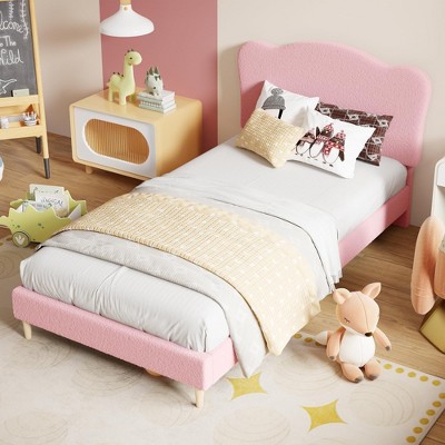 Twin Size Bed Frame for Kids with Scallop Headboard, Cute Velvet Twin Bed for Girls, Boys, Sturdy Platform Bed