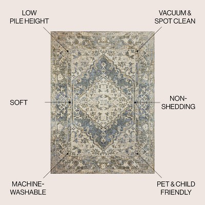 Pavel Blue and Cream 4' x 6' Washable Medallion Rug