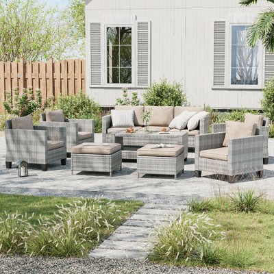 Sonkuki Outdoor 9-Piece Patio Conversation Set with Ottoman and Side Table, Navy Blue Cushion