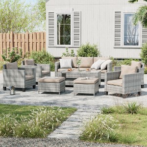 Sonkuki 8-Piece Rattan Patio Furniture Set Coversation Set Outdoor Sofa Couch w/ Chairs, Side Table and Ottoman, Navy Blue Cushion - 1 of 4
