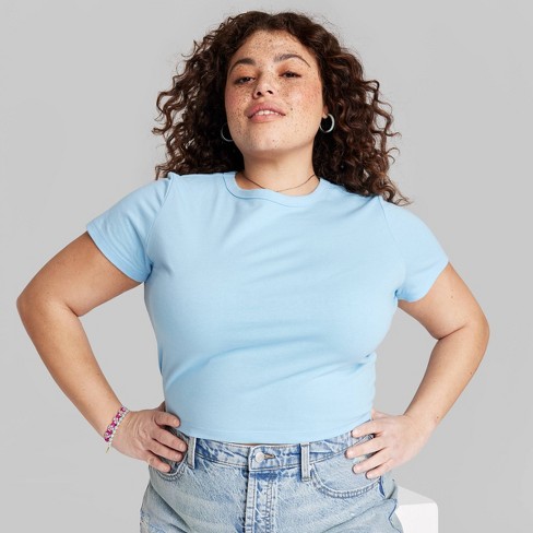 Basic Light Blue Short Sleeve Crop T Shirt