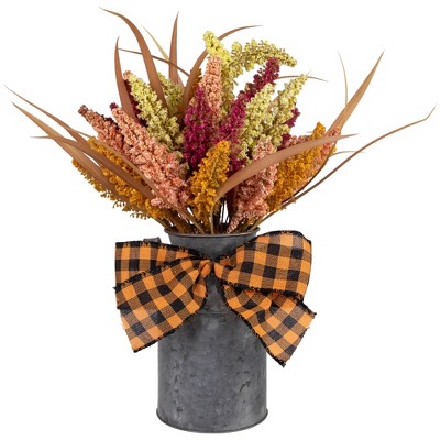 Northlight Autumn Harvest Foliage in Canister Floral Decoration with Checkered Bow - 18"