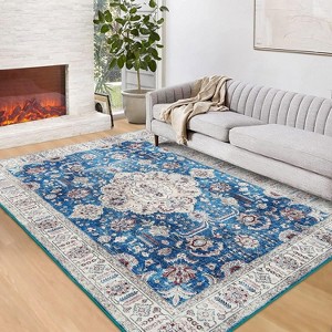 Acekool Washable Oriental Area Rug, Non-Slip, Stain Resistant, Ultra Soft Low Pile Floral Medallion Carpet for Living Room Bedroom Office, Easy Care - 1 of 4