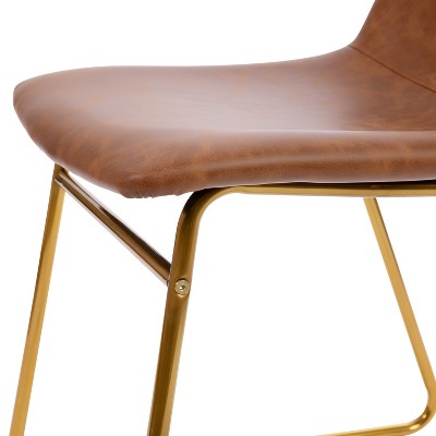 Light Brown LeatherSoft Bucket Dining Chairs with Gold Sled Base, Set of 2