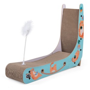 SEVOBAL L-Shape Cat Scratcher Lounge Corrugated Cardboard Scratching Pad for Indoor Cats Durable Cat Furniture with Feather Spring Toy Cartoon Design - 1 of 4