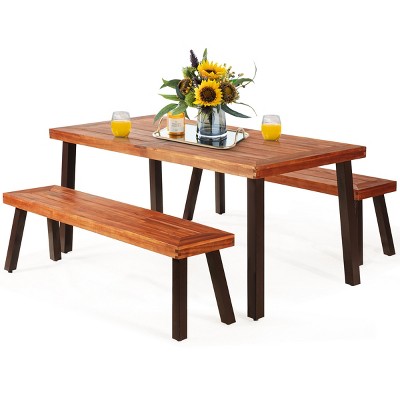 Tangkula 3-Piece Outdoor Acacia Wood Picnic Dining Table and Stool Set with Umbrella Hole